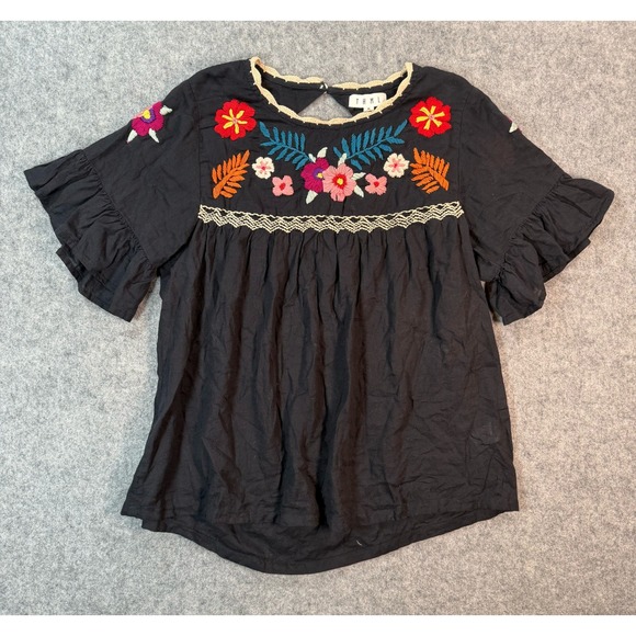 THML Tops - THML Womens Boho Whimsy Embroidered Cotton Ruffle Top Black Floral  M